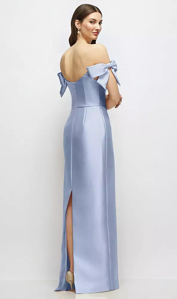 【D883】 シルバードーブのオフショルダーボウが付いたバスクネックのサテンコラムマキシドレス - sky blue Satin Twill Back View