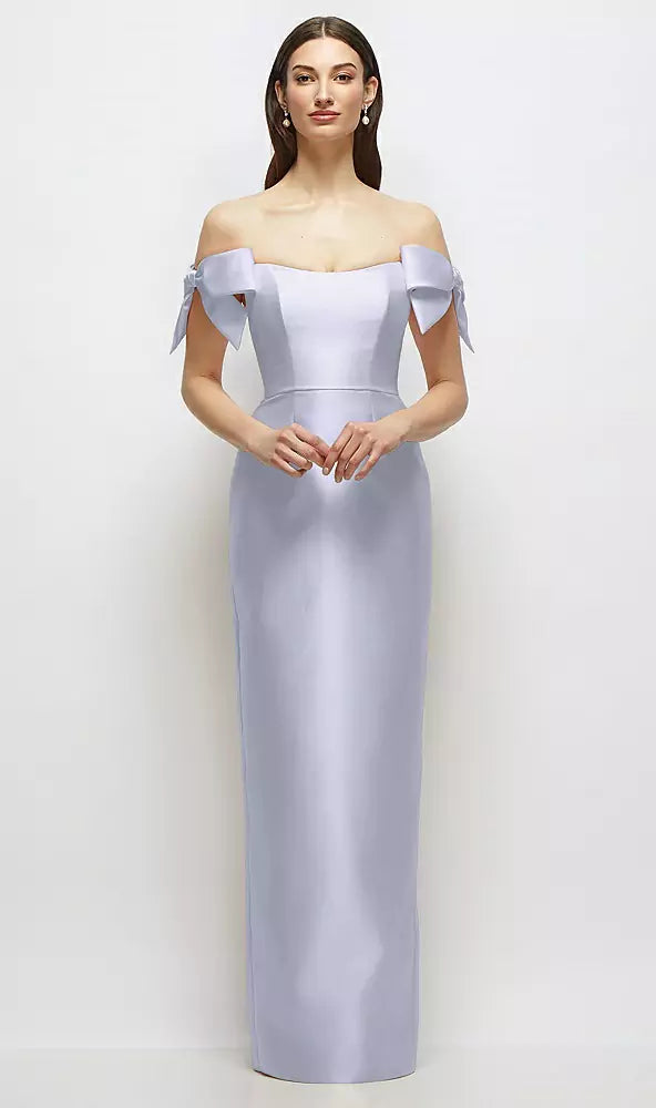 【D883】 シルバードーブのオフショルダーボウが付いたバスクネックのサテンコラムマキシドレス - silver dove Satin Twill