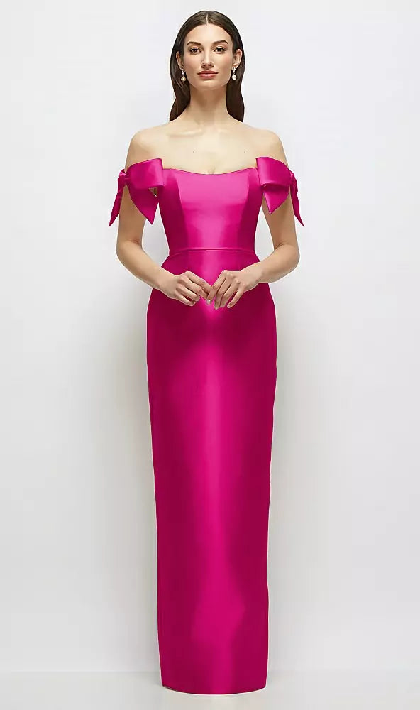 【D883】 シルバードーブのオフショルダーボウが付いたバスクネックのサテンコラムマキシドレス