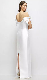 【D883】 シルバードーブのオフショルダーボウが付いたバスクネックのサテンコラムマキシドレス - white Satin Twill Back View