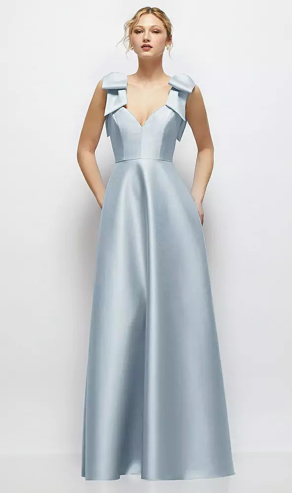 【D884】 Vネックのサテンボールガウン、ショルダーボウ