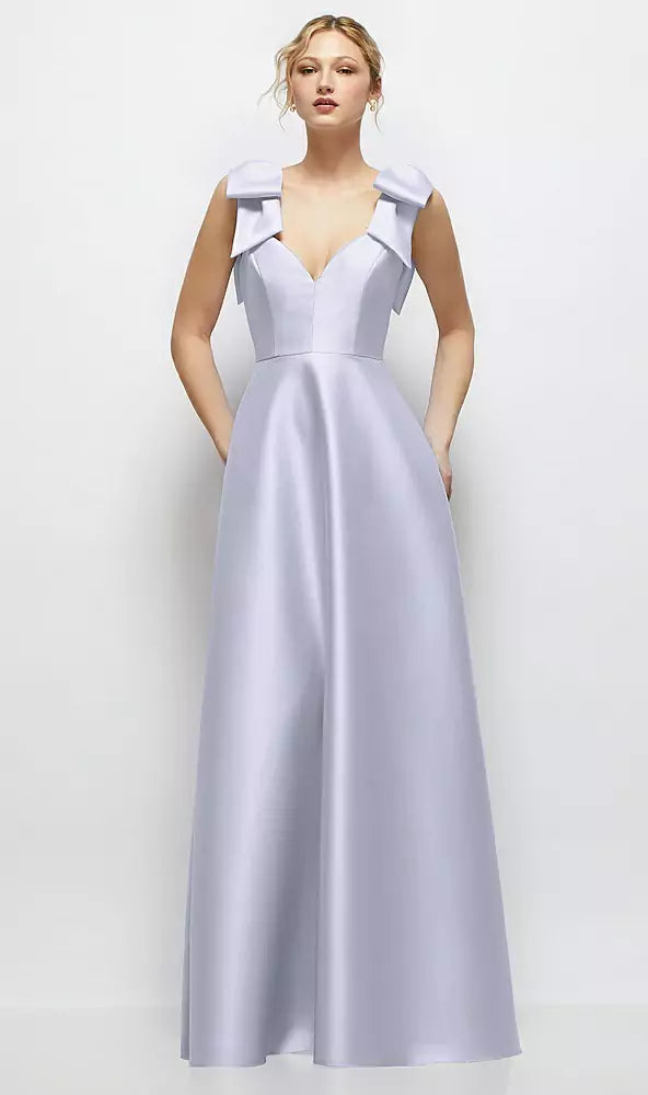 【D884】 Vネックのサテンボールガウン、ショルダーボウ