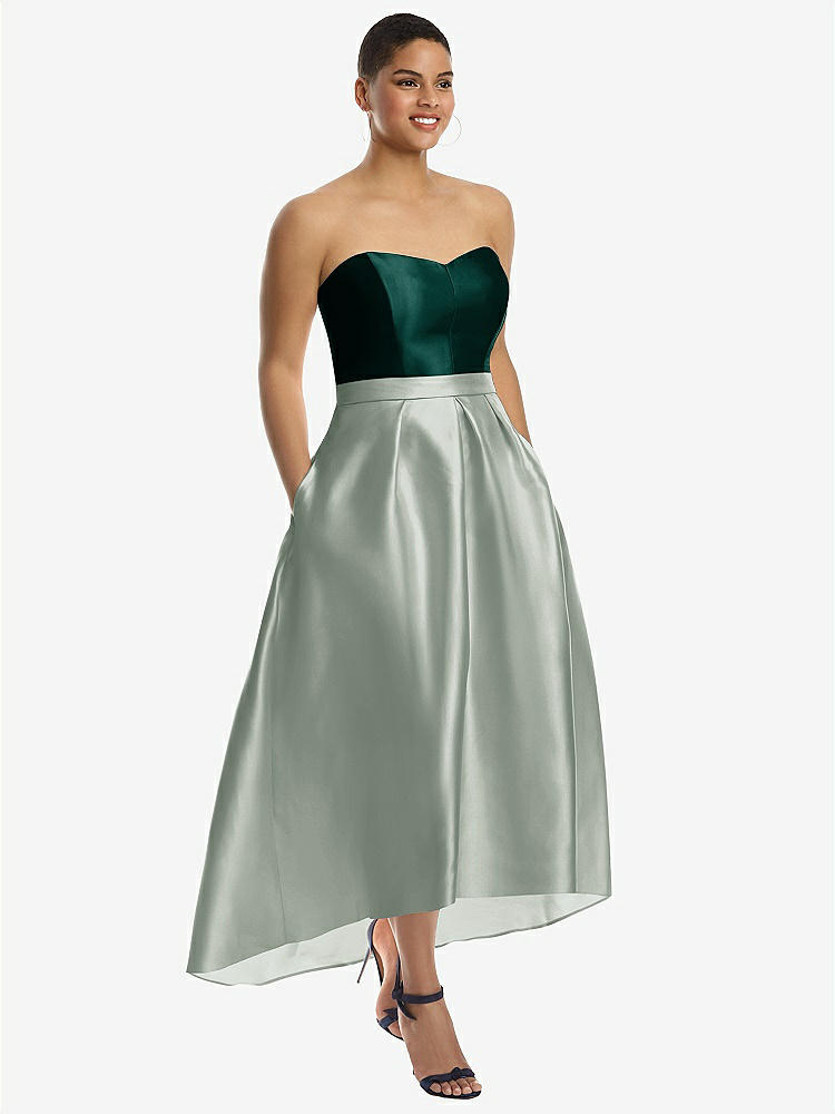 ストラップレス サテン ハイロードレス - ウィローグリーン 前面