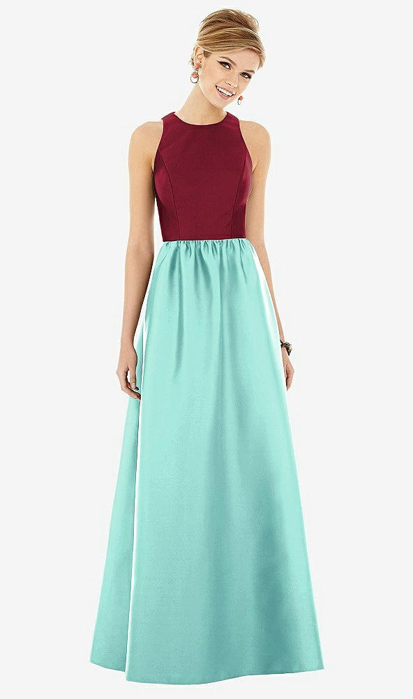 【STYLE: D707】ノースリーブ 鍵穴 背面 サテン マキシ ドレス - コースタル & バーガンディ 前面