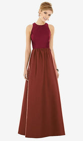 【STYLE: D707】ノースリーブ 鍵穴 背面 サテン マキシ ドレス - オーバーンムーン & バーガンディ 前面