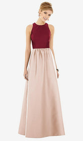 【STYLE: D707】ノースリーブ 鍵穴 背面 サテン マキシ ドレス - カメオ & バーガンディ 前面