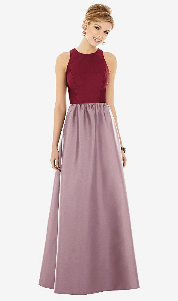 【STYLE: D707】ノースリーブ 鍵穴 背面 サテン マキシ ドレス - ダスティローズ & バーガンディ 前面