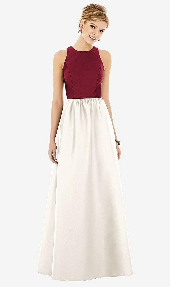 【STYLE: D707】ノースリーブ 鍵穴 背面 サテン マキシ ドレス - アイボリー & バーガンディ 前面