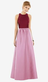 【STYLE: D707】ノースリーブ 鍵穴 背面 サテン マキシ ドレス - パウダーピンク & バーガンディ 前面