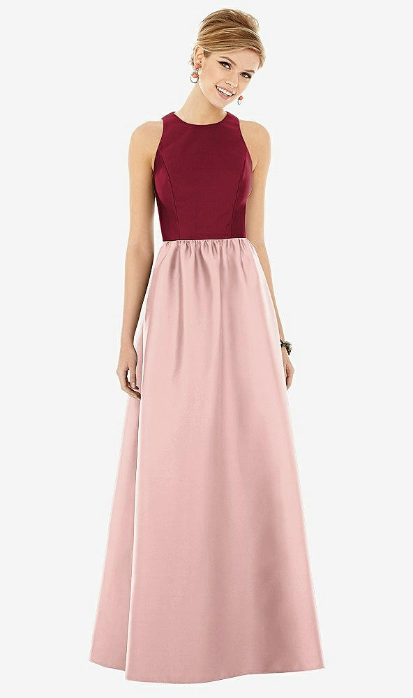 【STYLE: D707】ノースリーブ 鍵穴 背面 サテン マキシ ドレス - ローズ - パントーンローズクォーツ & バーガンディ 前面