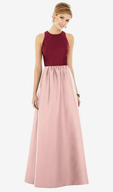 【STYLE: D707】ノースリーブ 鍵穴 背面 サテン マキシ ドレス - ローズ - パントーンローズクォーツ & バーガンディ 前面