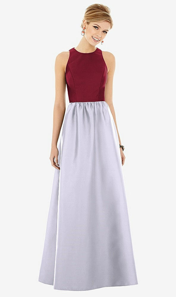 【STYLE: D707】ノースリーブ 鍵穴 背面 サテン マキシ ドレス - シルバードーブ & バーガンディ 前面