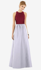 【STYLE: D707】ノースリーブ 鍵穴 背面 サテン マキシ ドレス - シルバードーブ & バーガンディ 前面