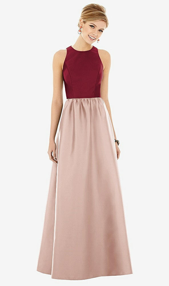 【STYLE: D707】ノースリーブ 鍵穴 背面 サテン マキシ ドレス - トーストシュガー & バーガンディ 前面