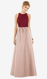 【STYLE: D707】ノースリーブ 鍵穴 背面 サテン マキシ ドレス - トーストシュガー & バーガンディ 前面