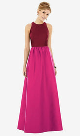 【STYLE: D707】ノースリーブ 鍵穴 背面 サテン マキシ ドレス - シンクピンク & バーガンディ 前面