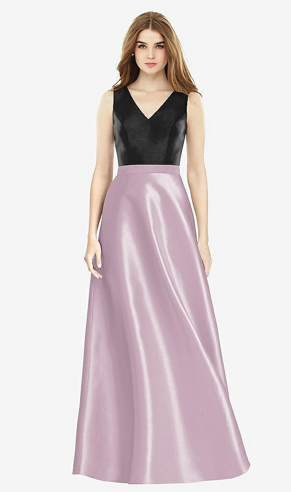 【STYLE: D754】ノースリーブ Aライン サテンドレス ポケット付き - スエードローズ & ブラック 背面