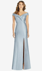 【STYLE: D760】オフショルダー トランペット 前面スリット ドレス - ミスト 背面