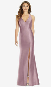 【STYLE: D761】Vネック ホルター サテン トランペット ドレス - ダスティローズ 背面