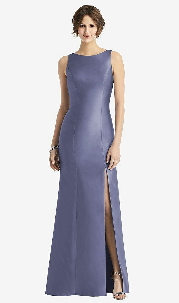 【STYLE: D770】サテン ノースリーブ トランペット オープンバック 弓付き ドレス - フレンチブルー 背面