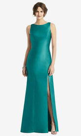【STYLE: D770】サテン ノースリーブ トランペット オープンバック 弓付き ドレス - ジェード 背面