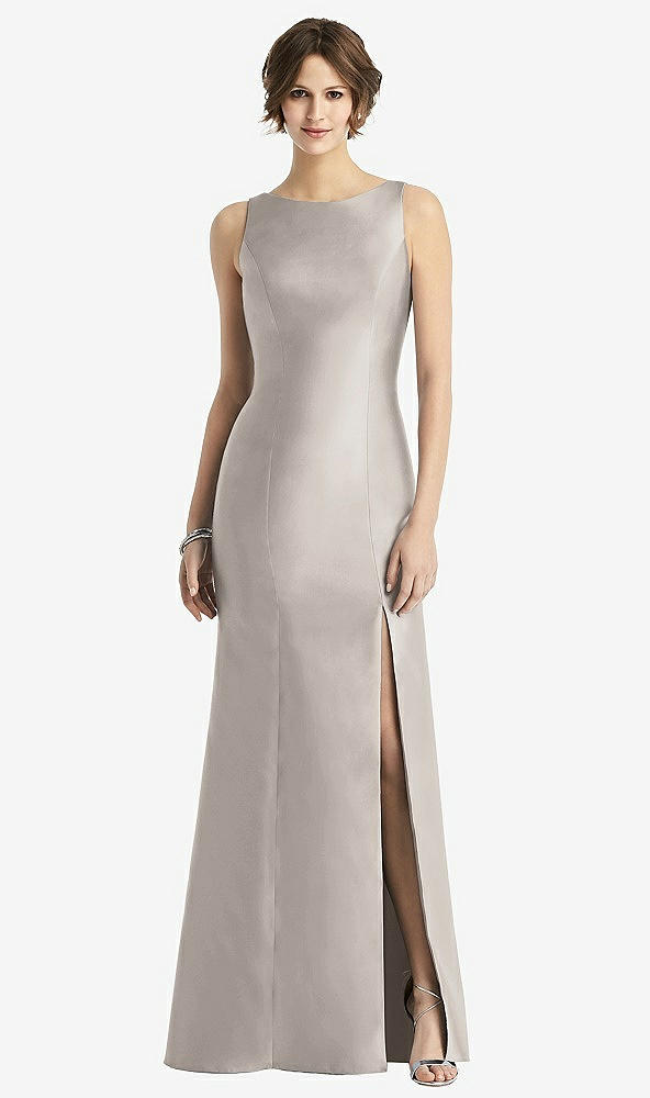 【STYLE: D770】サテン ノースリーブ トランペット オープンバック 弓付き ドレス - トープ 背面