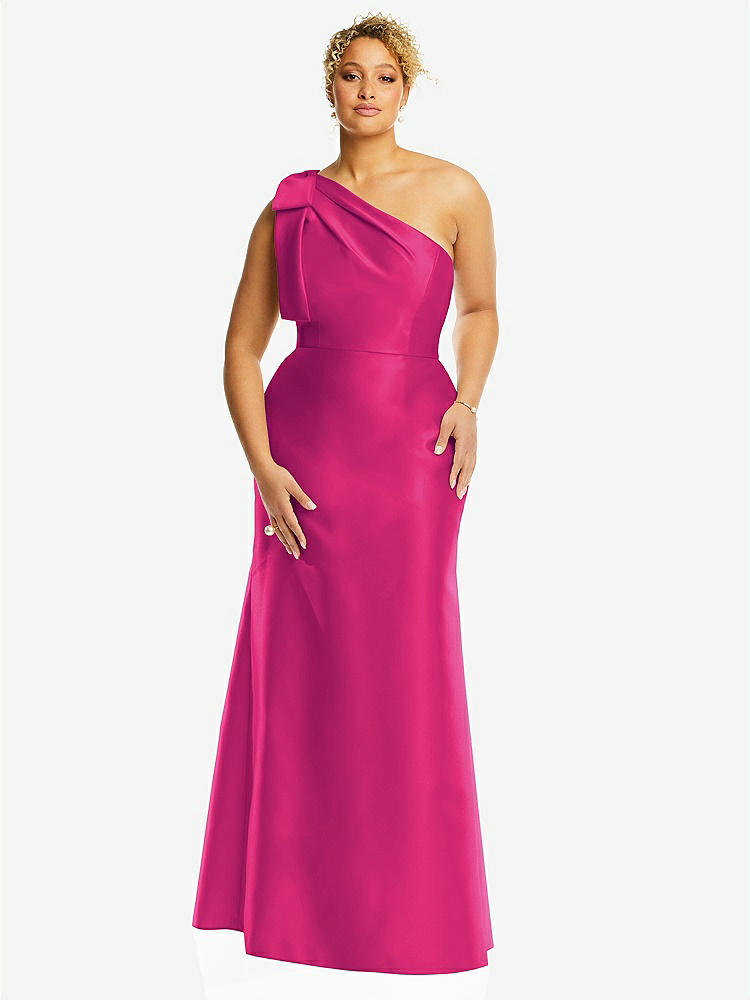 【STYLE: D794】弓 ワンショルダー サテン トランペットドレス - シンクピンク 背面