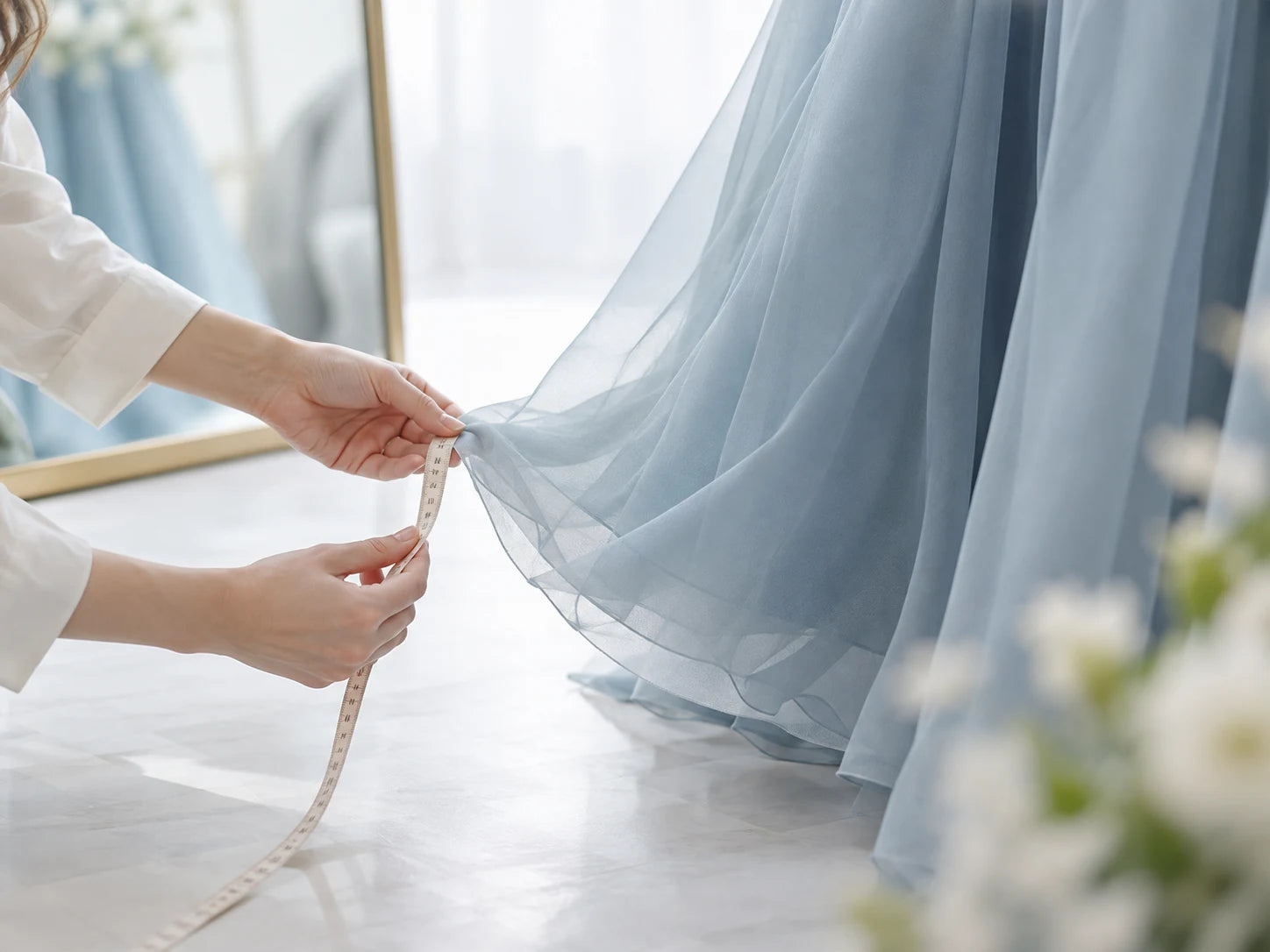 ドレスの丈をメジャーで確かめる手元。サービスのイメージ