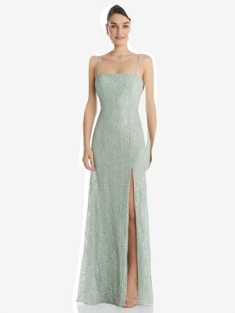 【STYLE: TH061】Metallic Lace Trumpet Dress with Adjustable Spaghetti Straps【COLOR: Celadon】