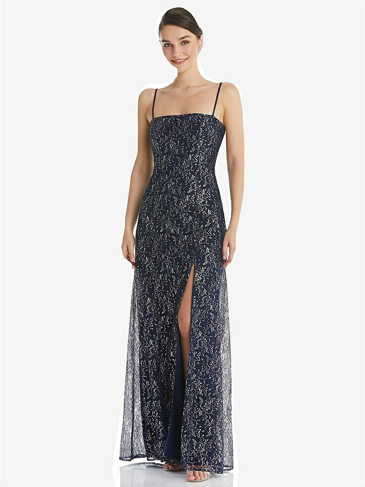 【STYLE: TH061】Metallic Lace Trumpet Dress with Adjustable Spaghetti Straps【COLOR: Midnight Navy】