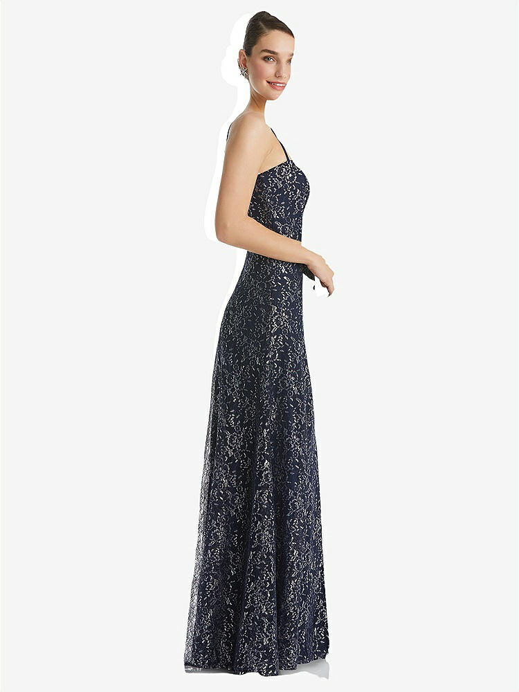 【STYLE: TH061】Metallic Lace Trumpet Dress with Adjustable Spaghetti Straps【COLOR: Midnight Navy】