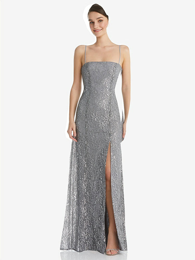 【STYLE: TH061】Metallic Lace Trumpet Dress with Adjustable Spaghetti Straps【COLOR: Platinum】