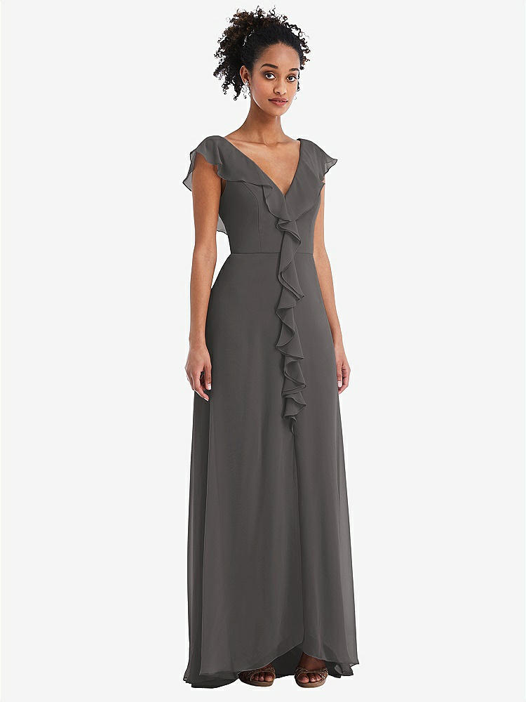 【STYLE: TH064】Ruffle-Trimmed V-Back Chiffon Maxi Dress【COLOR: Caviar Gray】