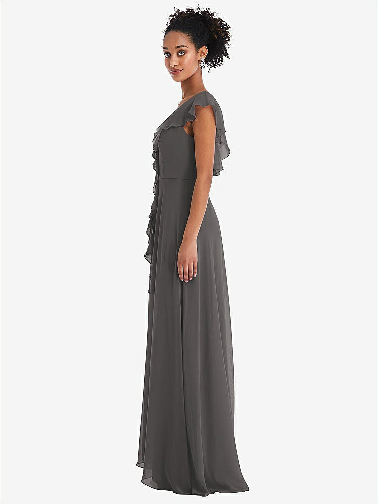 【STYLE: TH064】Ruffle-Trimmed V-Back Chiffon Maxi Dress【COLOR: Caviar Gray】