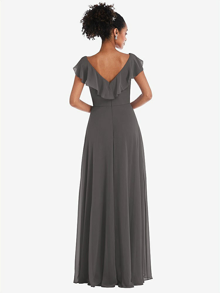 【STYLE: TH064】Ruffle-Trimmed V-Back Chiffon Maxi Dress【COLOR: Caviar Gray】