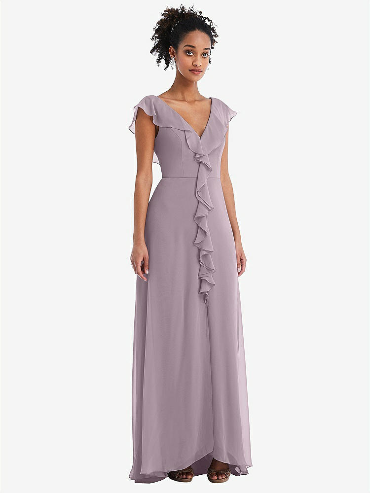 【STYLE: TH064】Ruffle-Trimmed V-Back Chiffon Maxi Dress【COLOR: Lilac Dusk】