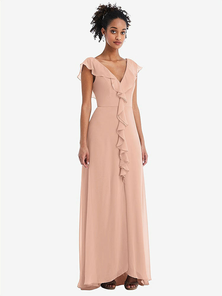 【STYLE: TH064】Ruffle-Trimmed V-Back Chiffon Maxi Dress【COLOR: Pale Peach】