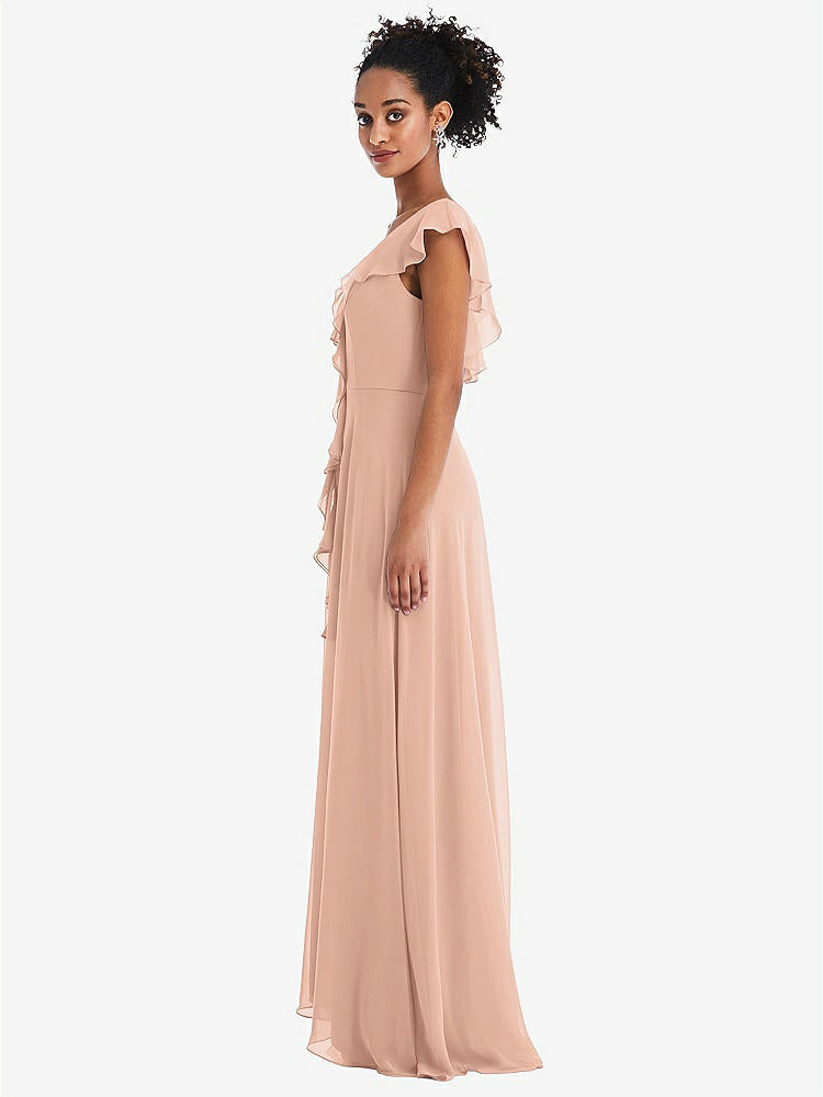 【STYLE: TH064】Ruffle-Trimmed V-Back Chiffon Maxi Dress【COLOR: Pale Peach】