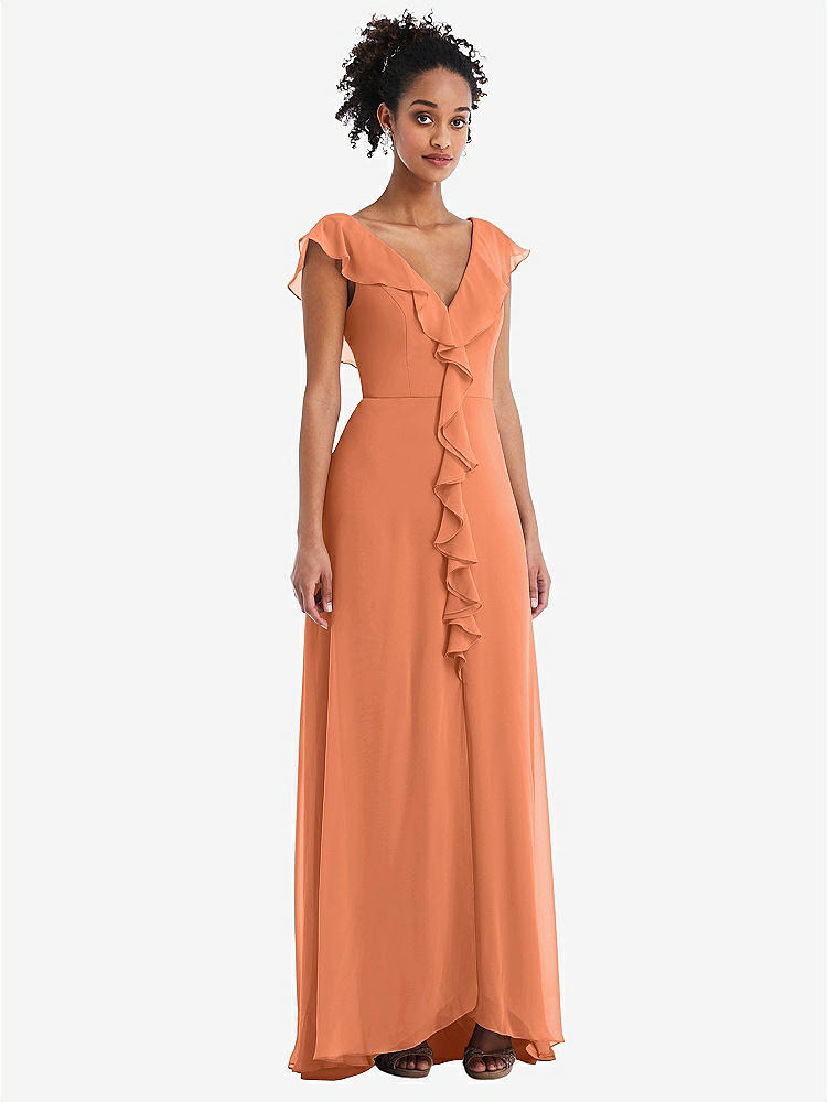 【STYLE: TH064】Ruffle-Trimmed V-Back Chiffon Maxi Dress【COLOR: Sweet Melon】