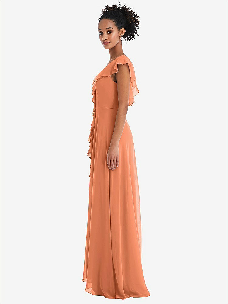 【STYLE: TH064】Ruffle-Trimmed V-Back Chiffon Maxi Dress【COLOR: Sweet Melon】