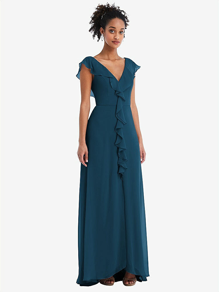 【STYLE: TH064】Ruffle-Trimmed V-Back Chiffon Maxi Dress【COLOR: Atlantic Blue】