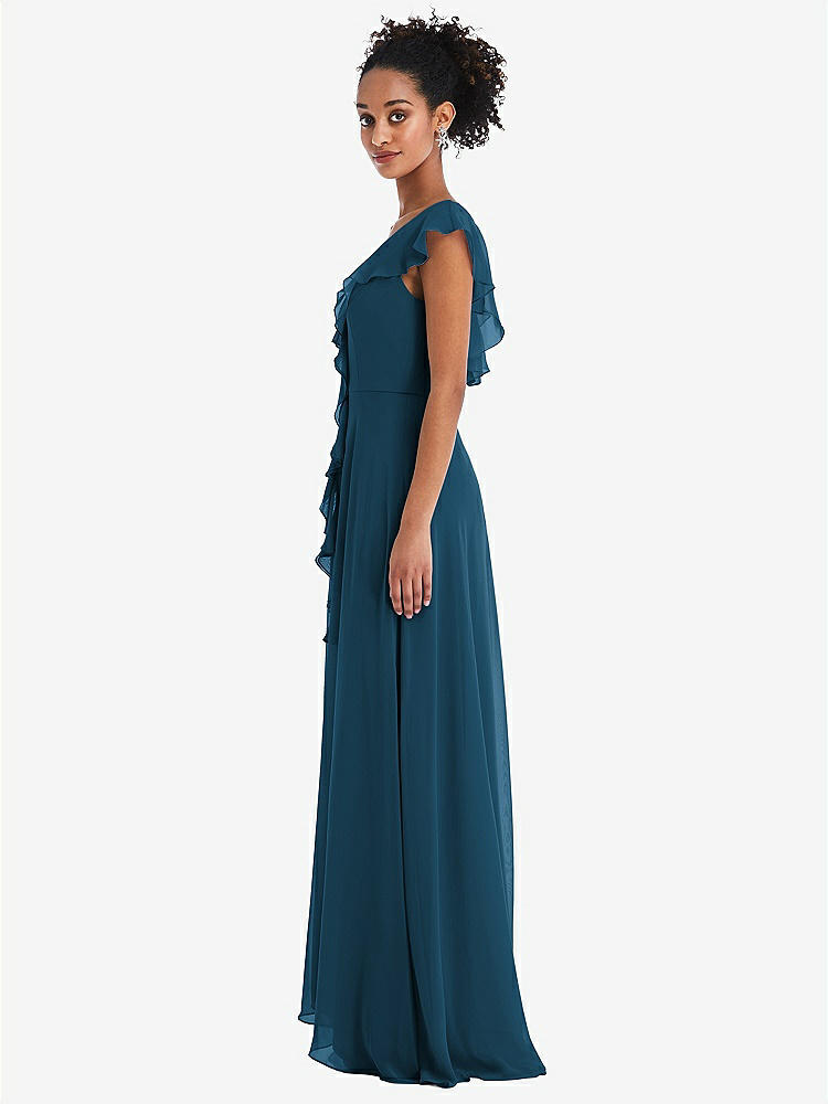 【STYLE: TH064】Ruffle-Trimmed V-Back Chiffon Maxi Dress【COLOR: Atlantic Blue】