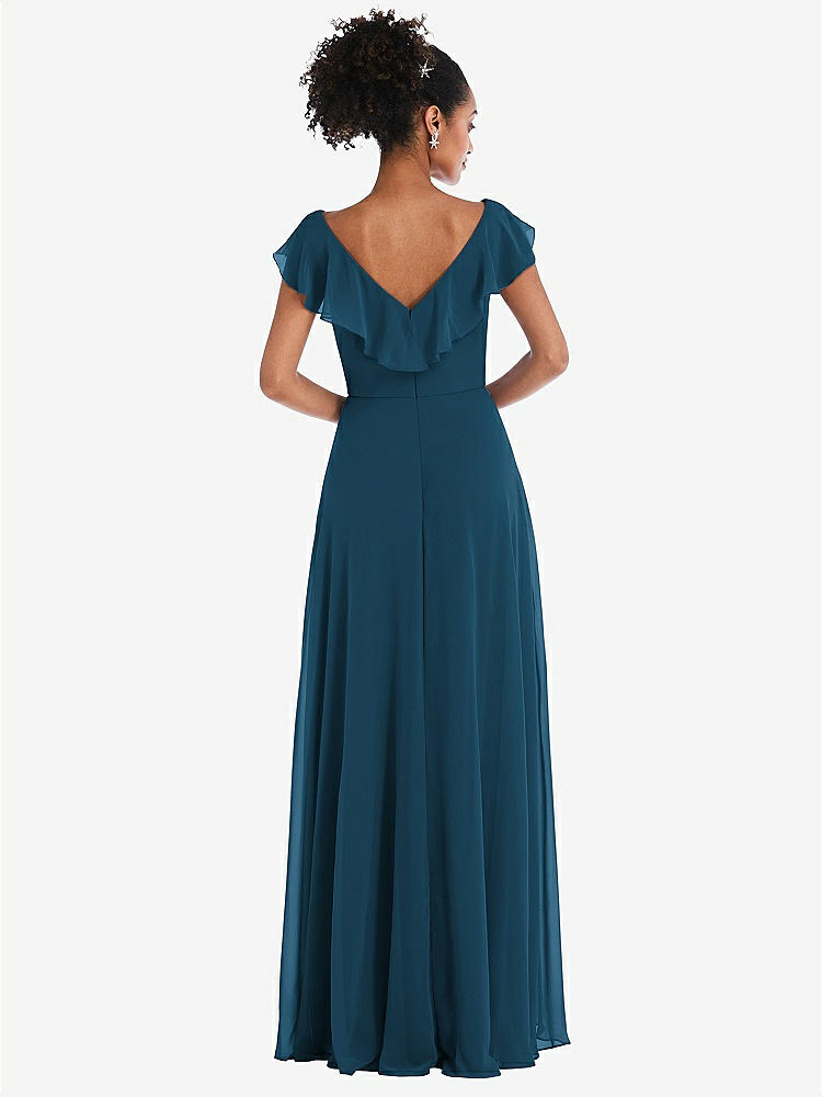 【STYLE: TH064】Ruffle-Trimmed V-Back Chiffon Maxi Dress【COLOR: Atlantic Blue】