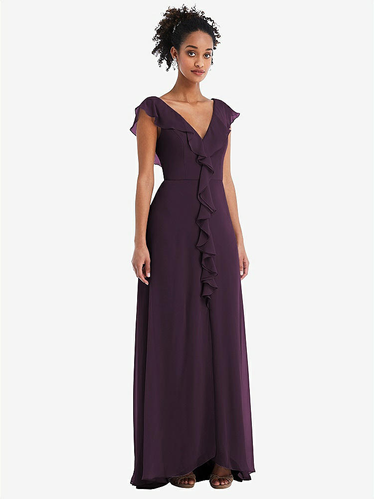 【STYLE: TH064】Ruffle-Trimmed V-Back Chiffon Maxi Dress【COLOR: Aubergine】