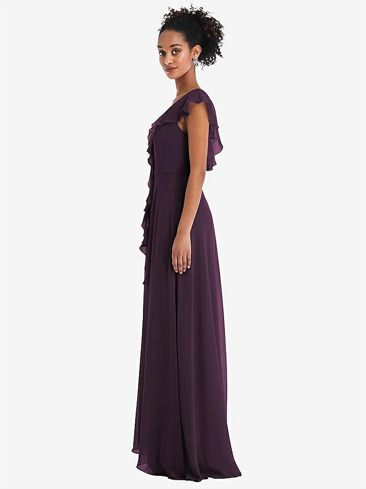 【STYLE: TH064】Ruffle-Trimmed V-Back Chiffon Maxi Dress【COLOR: Aubergine】