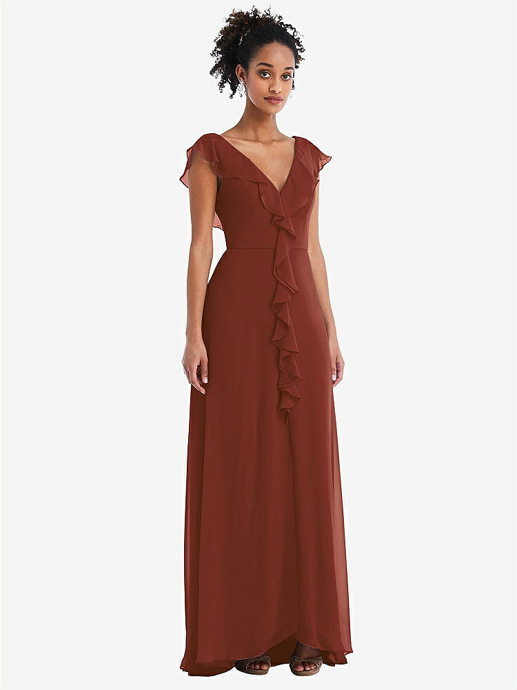 【STYLE: TH064】Ruffle-Trimmed V-Back Chiffon Maxi Dress【COLOR: Auburn Moon】