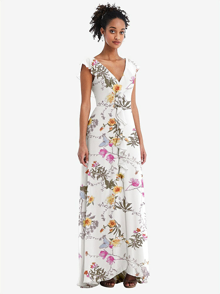【STYLE: TH064】Ruffle-Trimmed V-Back Chiffon Maxi Dress【COLOR: Butterfly Botanica Ivory】