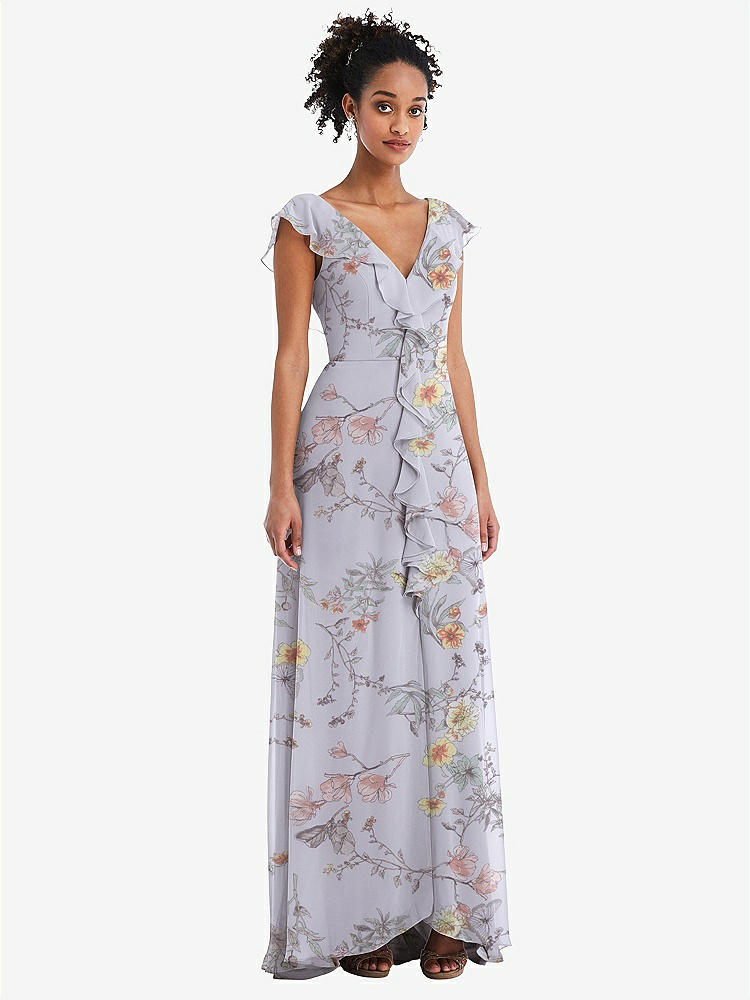 【STYLE: TH064】Ruffle-Trimmed V-Back Chiffon Maxi Dress【COLOR: Butterfly Botanica Silver Dove】