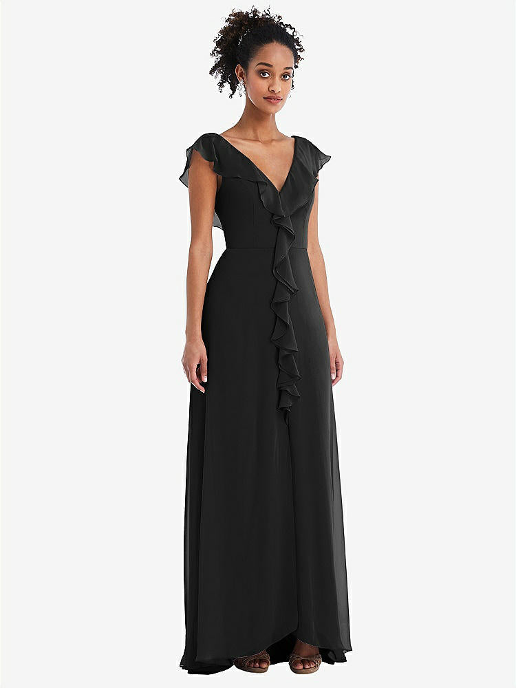 【STYLE: TH064】Ruffle-Trimmed V-Back Chiffon Maxi Dress【COLOR: Black】