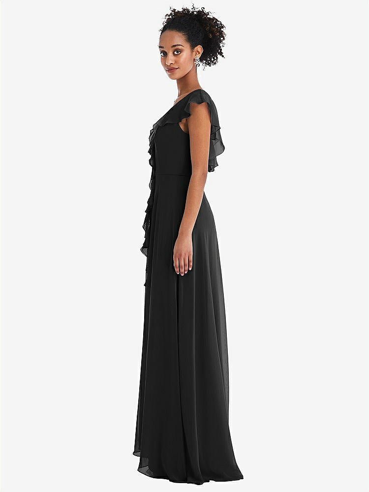 【STYLE: TH064】Ruffle-Trimmed V-Back Chiffon Maxi Dress【COLOR: Black】